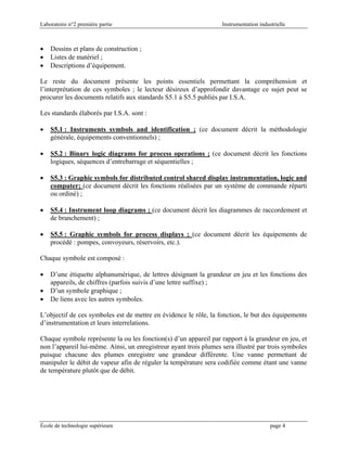 Laboratoire n°2 première partie Instrumentation industrielle
École de technologie supérieure page 4
• Dessins et plans de construction ;
• Listes de matériel ;
• Descriptions d’équipement.
Le reste du document présente les points essentiels permettant la compréhension et
l’interprétation de ces symboles ; le lecteur désireux d’approfondir davantage ce sujet peut se
procurer les documents relatifs aux standards S5.1 à S5.5 publiés par I.S.A.
Les standards élaborés par I.S.A. sont :
• S5.1 : Instruments symbols and identification ; (ce document décrit la méthodologie
générale, équipements conventionnels) ;
• S5.2 : Binary logic diagrams for process operations ; (ce document décrit les fonctions
logiques, séquences d’entrebarrage et séquentielles ;
• S5.3 : Graphic symbols for distributed control shared display instrumentation, logic and
computer; (ce document décrit les fonctions réalisées par un système de commande réparti
ou ordiné) ;
• S5.4 : Instrument loop diagrams ; (ce document décrit les diagrammes de raccordement et
de branchement) ;
• S5.5 : Graphic symbols for process displays ; (ce document décrit les équipements de
procédé : pompes, convoyeurs, réservoirs, etc.).
Chaque symbole est composé :
• D’une étiquette alphanumérique, de lettres désignant la grandeur en jeu et les fonctions des
appareils, de chiffres (parfois suivis d’une lettre suffixe) ;
• D’un symbole graphique ;
• De liens avec les autres symboles.
L’objectif de ces symboles est de mettre en évidence le rôle, la fonction, le but des équipements
d’instrumentation et leurs interrelations.
Chaque symbole représente la ou les fonction(s) d’un appareil par rapport à la grandeur en jeu, et
non l’appareil lui-même. Ainsi, un enregistreur ayant trois plumes sera illustré par trois symboles
puisque chacune des plumes enregistre une grandeur différente. Une vanne permettant de
manipuler le débit de vapeur afin de réguler la température sera codifiée comme étant une vanne
de température plutôt que de débit.
 