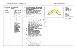 ELFI SYAHRUL BIN MATERANG & AZMEER BIN MUSA PISMP 1111 PENGAJIAN SOSIAL 
Perkembangan 
isi 
Langkah 1 
(5 minit) 
Gerak kerja kelas / 
individu 
 Tunjuk cara oleh 
guru. 
 Perlakuan murid. 
 Kemahiran: 
1. Menggelecek 
rapat. 
2. Menggelecek 
longgar. 
3. Menggelecek 
“Indian” 
 Guru 
memberitahu 
tentang 
kesalahan-kesalan 
yang 
biasa berlaku 
semasa 
melakukan 
kemahiran 
menggelecek 
rapat. 
 Guru memperkenalkan cara melakukan 
kemahiran menggelecek dengan teknik 
dan cara yang betul. 
 Secara individu, murid menyesuaikan 
diri dengan kayu hoki dan bola hoki 
dengan melakukan kemahiran 
menggelecek yang betul secara statik 
dan bergerak. 
1. Menggelecek rapat: 
 Langkah-langkah: 
1. Pegangan- tangan kiri di hujung 
kayu hoki dengan belakang tangan 
menghadap ke luar, siku dan 
pergelangan tangan kiri 
menghadap ke hadapan. Tangan 
kanan memegang tengah kayu hoki 
dengan tapak tangan mengahadap 
ke luar. Longgarkan sedikit 
pegangan tangan kanan. 
2. Badan- bongkok sedikit serta lutut 
dibengkokkan. 
3. Mata- pandang bola semasa 
membuat tolakan. Pandang ke 
hadapan dengan serta-merta 
selepas melakukan tolakan. 
4. Bola- harus berada ke kanan dan di 
hadapan kaki kanan serta sentiasa 
menyentuh kayu hoki. 
2. Menggelecek longgar: 
 Langkah-langkah: 
1. Pegangan dan badan sama seperti 
menggelecek rapat. 
2. Mata- pandang bola pada masa 
membuat tolakan. Pandang 
hadapan serta-merta selepas 
Petunjuk 
Murid 
Skitel 
G – Guru 
ABM: 
Skitel (4) 
Kayu hoki (18) 
Bola hoki (8) 
Nilai: 
Kerajinan 
Yakin diri 
Mematuhi arahan 
Strategi P&P: 
Kinestetik 
G 
 