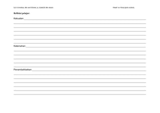 ELFI SYAHRUL BIN MATERANG & AZMEER BIN MUSA PISMP 1111 PENGAJIAN SOSIAL 
Refleksi pelajar: 
Kekuatan:___________________________________________________________________________________________________________ 
____________________________________________________________________________________________________________________ 
____________________________________________________________________________________________________________________ 
____________________________________________________________________________________________________________________ 
____________________________________________________________________________________________________________________ 
____________________________________________________________________________________________________________________ 
____________________________________________________________________________________________________________________ 
Kelemahan:_________________________________________________________________________________________________________ 
____________________________________________________________________________________________________________________ 
____________________________________________________________________________________________________________________ 
____________________________________________________________________________________________________________________ 
____________________________________________________________________________________________________________________ 
____________________________________________________________________________________________________________________ 
Penambahbaikan:____________________________________________________________________________________________________ 
____________________________________________________________________________________________________________________ 
____________________________________________________________________________________________________________________ 
____________________________________________________________________________________________________________________ 
____________________________________________________________________________________________________________________ 
____________________________________________________________________________________________________________________ 
____________________________________________________________________________________________________________________ 
 