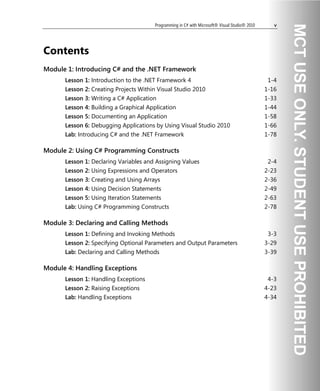 Programming in C# with Microsoft® Visual Studio® 2010 v
Contents
Module 1: Introducing C# and the .NET Framework
Lesson 1: Introduction to the .NET Framework 4 1-4
Lesson 2: Creating Projects Within Visual Studio 2010 1-16
Lesson 3: Writing a C# Application 1-33
Lesson 4: Building a Graphical Application 1-44
Lesson 5: Documenting an Application 1-58
Lesson 6: Debugging Applications by Using Visual Studio 2010 1-66
Lab: Introducing C# and the .NET Framework 1-78
Module 2: Using C# Programming Constructs
Lesson 1: Declaring Variables and Assigning Values 2-4
Lesson 2: Using Expressions and Operators 2-23
Lesson 3: Creating and Using Arrays 2-36
Lesson 4: Using Decision Statements 2-49
Lesson 5: Using Iteration Statements 2-63
Lab: Using C# Programming Constructs 2-78
Module 3: Declaring and Calling Methods
Lesson 1: Defining and Invoking Methods 3-3
Lesson 2: Specifying Optional Parameters and Output Parameters 3-29
Lab: Declaring and Calling Methods 3-39
Module 4: Handling Exceptions
Lesson 1: Handling Exceptions 4-3
Lesson 2: Raising Exceptions 4-23
Lab: Handling Exceptions 4-34
 