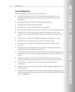 ii About This Course
Course Objectives
After completing this course, students will be able to:
• Describe the purpose of the .NET Framework, and explain how to use
Microsoft Visual C#® and Visual Studio 2010 to build .NET Framework
applications.
• Describe the syntax of basic C# programming constructs.
• Describe how to create and call methods.
• Describe how to catch, handle, and throw exceptions.
• Describe how to perform basic file I/O operations in a Visual C# application.
• Describe how to create and use new types (enumerations, classes, and
structures), and explain the differences between reference types and value
types.
• Describe how to control the visibility and lifetime of members in a type.
• Describe how to use inheritance to create new reference types.
• Describe how to manage the lifetime of objects and control the use of
resources.
• Describe how to create properties and indexers to encapsulate data, and
explain how to define operators for this data.
• Describe how to decouple an operation from the method that implements it,
and explain how to use these decoupled operations to handle asynchronous
events.
• Describe the purpose of collections, and explain how to use generics to
implement type-safe collection classes, structures, interfaces, and methods.
• Describe how to implement custom collection classes that support
enumeration.
• Describe how to query in-memory data by using Language-Integrated Query
(LINQ) queries.
• Describe how to integrate code written by using a dynamic language such as
Ruby and Python, or technologies such as Component Object Model (COM),
into a C# application.
 