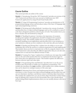 About This Course iii
Course Outline
This section provides an outline of the course:
Module 1, "Introducing C# and the .NET Framework," provides an overview of the
.NET Framework and shows how you can start to build your own .NET
Framework applications by using C# and Visual Studio 2010.
Module 2, "Using C# Programming Constructs," provides an introduction to C#
programming language syntax and introduces many of the basic C# language data
types and programming constructs.
Module 3, "Declaring and Calling Methods," introduces the concept of methods
and describes how, in object-oriented languages such as C#, a method is a unit of
code that is designed to perform a discrete piece of work. This module shows you
how to declare and call methods by using C#.
Module 4, "Handling Exceptions," introduces the importance of exception
handling and explains why applications should be designed with exception
handling in mind. This module explains how you can implement effective
exception handling in your applications and describes how to use exceptions in
your methods to indicate an error condition to the code that calls your methods.
Module 5, "Reading and Writing Files," explains how the ability to access and
manipulate files on the file system is a common requirement for many applications.
This module shows you how to read and write to files by using the classes in the
.NET Framework. It also describes the different approaches that you can take and
explains how to read and write different formats of data.
Module 6, "Creating New Types," explains how to build your own types that model
items in the real world and describes how to implement the business logic for
these items that your applications require. This module explains the differences
between reference types and value types.
Module 7, "Encapsulating Data and Methods," describes how to use the access
modifiers that C# provides to enable you to implement encapsulation. This
module also introduces the static modifier, which enables you to define members
that can be shared over multiple instances of the same type.
Module 8, "Inheriting from Classes and Implementing Interfaces," explains that
inheritance is a key concept in an object-oriented language and describes how you
can use inheritance, interfaces, and abstract classes to develop object hierarchies.
This module also explains how you can use these object hierarchies to help reduce
bugs by defining clear contracts for the functionality that a class should expose
and providing default implementations where you can sensibly abstract code into a
base type.
 