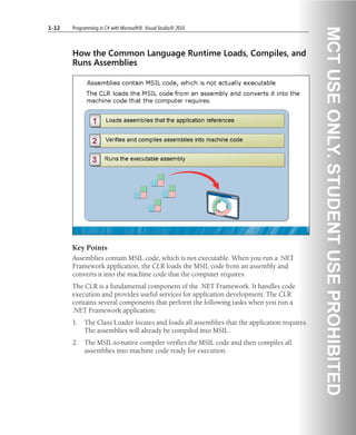1-12 Programming in C# with Microsoft® .Visual Studio® 2010
How the Common Language Runtime Loads, Compiles, and
Runs Assemblies
Key Points
Assemblies contain MSIL code, which is not executable. When you run a .NET
Framework application, the CLR loads the MSIL code from an assembly and
converts it into the machine code that the computer requires.
The CLR is a fundamental component of the .NET Framework. It handles code
execution and provides useful services for application development. The CLR
contains several components that perform the following tasks when you run a
.NET Framework application:
1. The Class Loader locates and loads all assemblies that the application requires.
The assemblies will already be compiled into MSIL.
2. The MSIL-to-native compiler verifies the MSIL code and then compiles all
assemblies into machine code ready for execution.
 