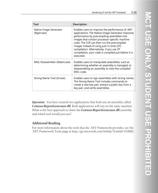 Introducing C# and the .NET Framework 1-15
Tool Description
Native Image Generator
(Ngen.exe)
Enables users to improve the performance of .NET
applications. The Native Image Generator improves
performance by precompiling assemblies into
images that contain processor-specific machine
code. The CLR can then run the precompiled
images instead of using just-in-time (JIT)
compilation. Alternatively, if you use JIT
compilation, your code is compiled just before it is
executed.
MSIL Disassembler (Ildasm.exe) Enables users to manipulate assemblies, such as
determining whether an assembly is managed, or
disassembling an assembly to view the compiled
MSIL code.
Strong Name Tool (Sn.exe) Enables users to sign assemblies with strong names.
The Strong Name Tool includes commands to
create a new key pair, extract a public key from a
key pair, and verify assemblies.
Question: You have created two applications that both use an assembly called
Contoso.ReportGenerator.dll. Both applications will run on the same machine.
What is the best approach to share the Contoso.ReportGenerator.dll assembly
and which tool would you use?
Additional Reading
For more information about the tools that the .NET Framework provides, see the
.NET Framework Tools page at http://go.microsoft.com/fwlink/?LinkId=192882.
 