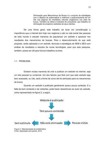13
Otimização para Mecanismos de Busca é o conjunto de estratégias
com o objetivo de potencializar e melhorar o posicionamento de um
site nas páginas de resultados naturais (orgânicos) nos sites de
busca. Também se refere à indústria de consultoria, que trabalha na
otimização de projetos e websites de seus clientes.
De uma forma geral, este trabalho vai levar em consideração a
importância que a internet tem hoje nos negócios e até na vida social das pessoas
de todo mundo e estudar maneiras de popularizar um website e aparecer nos
resultados dos mecanismos de buscas. Para o desenvolvimento do que está
proposto, serão aplicadas a um website, técnicas e estratégias de SEM e SEO com
análise de resultados e estudos de novas tecnologias, para que esta pesquisa,
também, possa ser útil para futuros trabalhos na área.
1.1 PROBLEMA
Existem muitas maneiras de criar e publicar um website na internet, seja
um site pessoal ou comercial. Um dos fatores que fará com que este website seja
bem acessado, ou não, será a forma de como ele foi otimizado para os mecanismos
de busca.
Quando um website é publicado geralmente possui pouco conteúdo. E a
falta de bom conteúdo e de visitantes, pode trazer desestímulo ao autor do website,
como representado na figura 2, a seguir.
Figura 2 - Representação da problemática.
Fonte: elaboração dos autores, 2012.
 