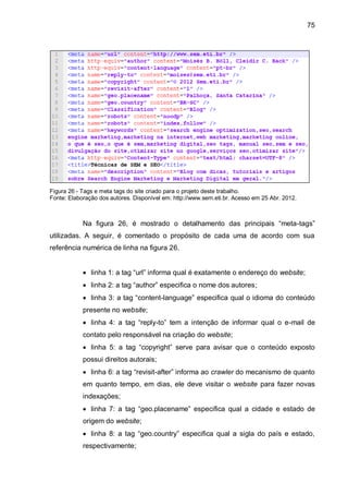 75
Figura 26 - Tags e meta tags do site criado para o projeto deste trabalho.
Fonte: Elaboração dos autores. Disponível em: http://www.sem.eti.br. Acesso em 25 Abr. 2012.
Na figura 26, é mostrado o detalhamento das principais “meta-tags”
utilizadas. A seguir, é comentado o propósito de cada uma de acordo com sua
referência numérica de linha na figura 26.
 linha 1: a tag “url” informa qual é exatamente o endereço do website;
 linha 2: a tag “author” especifica o nome dos autores;
 linha 3: a tag “content-language” especifica qual o idioma do conteúdo
presente no website;
 linha 4: a tag “reply-to” tem a intenção de informar qual o e-mail de
contato pelo responsável na criação do website;
 linha 5: a tag “copyright” serve para avisar que o conteúdo exposto
possui direitos autorais;
 linha 6: a tag “revisit-after” informa ao crawler do mecanismo de quanto
em quanto tempo, em dias, ele deve visitar o website para fazer novas
indexações;
 linha 7: a tag “geo.placename” especifica qual a cidade e estado de
origem do website;
 linha 8: a tag “geo.country” especifica qual a sigla do país e estado,
respectivamente;
 