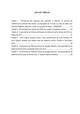 LISTA DE TABELAS
Tabela 1 - Percentual das pessoas que utilizaram a Internet, no período de
referência dos últimos três meses, na população de 10 anos ou mais de idade, por
Grandes Regiões, segundo o sexo e os grupos de idade – 2008-2009....................19
Tabela 2 - Porcentagem de cliques nos EUA por número de palavras-chave. .........20
Tabela 3 - Crescimento do Volume de Buscas na América Latina. Março de 2010 vs.
Março de 2011. .........................................................................................................21
Tabela 4 - Você realiza compras online, como complemento às suas compras off-
line? (Dentre aqueles que visitam sites de comércio online). Outubro e Novembro
2010. .........................................................................................................................24
Tabela 6 - Ferramenta de Palavras-chave do Google Adwords. Correspondência de
palavras-chave para o endereço www.sem.eti.br......................................................47
Tabela 7 - Ferramenta de Palavras-chave do Google Adwords. Correspondência de
palavras-chave para os termos “seo” e “search engine marketing”...........................48
 