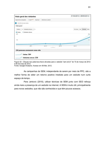 91
Figura 42 - Cliques nas palavras-chave ativadas para o website “sem.eti.br” de 15 de março de 2012
à 06 de maio de 2012.
Fonte: Google Analytics. Acesso em 06 Mai. 2012.
As campanhas de SEM, independente de serem por meio de PPC, são a
melhor forma de obter um retorno positivo imediato para um website num curto
espaço de tempo.
Para Jerkovic (2010), utilizar técnicas de SEM junto com SEO reforça
ainda mais a presença de um website na internet. A SEM é muito útil, principalmente
para novos websites, que não são conhecidos e que têm poucos acessos.
 