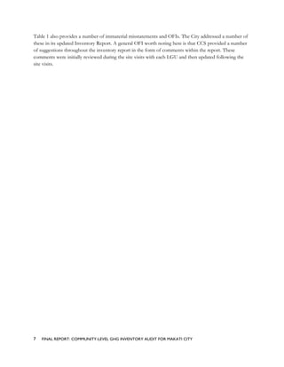 Table 1 also provides a number of immaterial misstatements and OFIs. The City addressed a number of
these in its updated Inventory Report. A general OFI worth noting here is that CCS provided a number
of suggestions throughout the inventory report in the form of comments within the report. These
comments were initially reviewed during the site visits with each LGU and then updated following the
site visits.
7 FINAL REPORT: COMMUNITY-LEVEL GHG INVENTORY AUDIT FOR MAKATI CITY
 