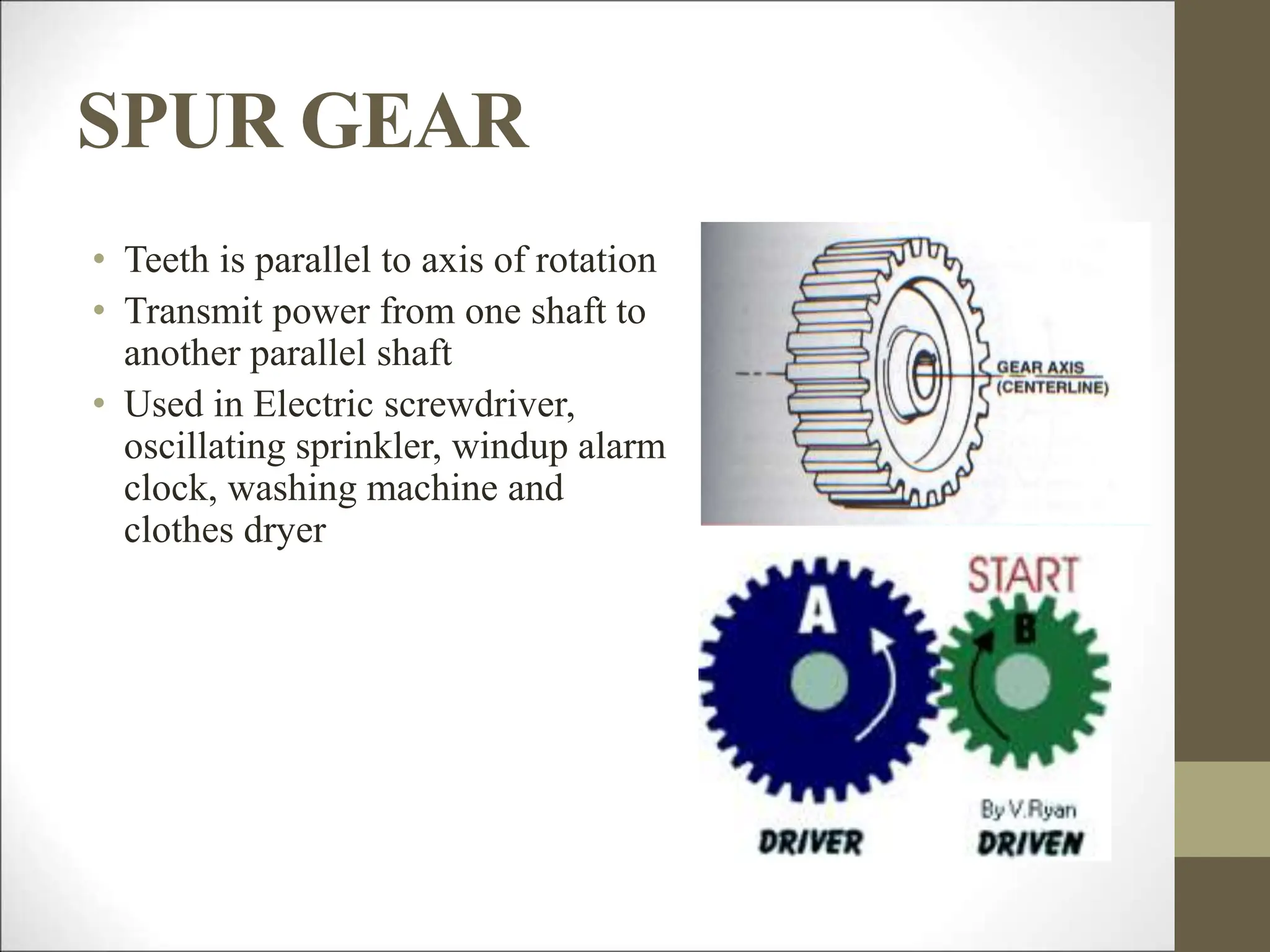 SPUR GEAR
• Teeth is parallel to axis of rotation
• Transmit power from one shaft to
another parallel shaft
• Used in Electric screwdriver,
oscillating sprinkler, windup alarm
clock, washing machine and
clothes dryer
 