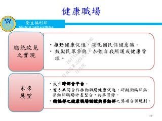 衛生福利部
Ministry of Health and Welfare
衛生福利部
Ministry of Health and Welfare
健康職場
•推動健康促進，深化國民保健意識。
• 鼓勵民眾參與，加強自我照護或健康管
理。
總統政見
之實現
•成立跨部會平台。
•雙方共同合作推動職場健康促進，研擬衛福部與
勞動部職場計畫整合，共享資源。
•衛福部之健康職場認證與勞動部之獎項合併規劃。
未來
展望
10
行
政
院
行
政
院
第
3509次
院
會
會
議
D617484ADC32A3AC
 