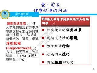 衛生福利部
Ministry of Health and Welfare
壹、前言
健康促進的內涵
3
健康促進定義：「使
人們能夠增加對於本身
健康之控制並促進其健
康之過程 」 ，強調健
康促進為一過程，透過
增能賦權
(Empowerment) 之
方式，使民眾自主改善
健康」。（WHO 渥太
華憲章, 1986）
WHO渥太華憲章健康促進五大行動
綱領
 訂定健康的公共政策
 創造支持性的環境
 強化社區行動
 發展個人技巧
 調整服務的方向
行
政
院
行
政
院
第
3509次
院
會
會
議
D617484ADC32A3AC
 