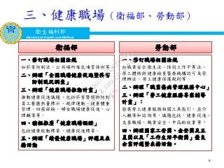 衛生福利部
Ministry of Health and Welfare
9
三、健康職場（衛福部、勞動部）
一、修訂職場相關法規
如菸害防制法、公共場所母乳哺育條例等。
二、辦理「全國職場健康促進暨菸害
防制現況調查」
三、辦理「健康職場推動計畫」
推動健康促進議題，包括菸害暨檳榔防制、
員工餐廳熱量標示、規律運動、健康體重
管理、四癌篩檢、婦女職場健康促進、心
理輔導等。
四、積極推廣「健康職場認證」
包括健康啟動標章、健康促進標章。
五、辦理「績優健康職場」評選及表
揚活動
一、修訂職場相關法規
如職業安全衛生法、性別工作平等法、
勞工體格與健康檢查醫療機構認可及管
理辦法、勞工健康保護規則等。
二、辦理「職業傷病管理服務中心」
三、辦理「勞工健康服務專案輔導
計畫」：
發展勞工健康服務相關工具指引，並介
入輔導和諮詢等，議題包括：健康促進、
友善職場、職業安全、中高齡就業等。
四、辦理國家工安獎、金安獎及五
星獎以及「工作生活平衡獎」優良
企業評選暨表揚活動。
衛福部 勞動部
行
政
院
行
政
院
第
3509次
院
會
會
議
D617484ADC32A3AC
 