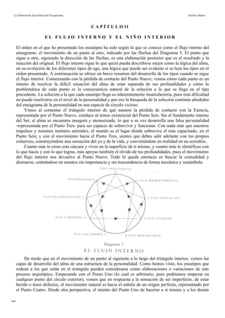 La Dimensión Espiritual del Eneagrama Sandra Maitri
C A P Í T U L O 11
E L F L U J O I N T E R N O Y E L N I Ñ O I N T E R I O R
El orden en el que he presentado los eneatipos ha sido según lo que se conoce como el flujo interno del
eneagrama: el movimiento de un punto al otro, indicado por las flechas del Diagrama 5. El punto que
sigue a otro, siguiendo la dirección de las flechas, es una elaboración posterior que es el resultado y la
reacción del original. El flujo interno sigue lo que quizá pueda describirse mejor como la lógica del alma,
en su evolución de los diferentes tipos de ego, una lógica que puede ser evidente si se leen los tipos en el
orden presentado. A continuación se ofrece un breve resumen del desarrollo de los tipos cuando se sigue
el flujo interior. Comenzando con la pérdida de contacto del Punto Nueve, vemos cómo cada punto es un
intento de resolver la difícil situación del alma de estar separada de sus profundidades y cómo la
problemática de cada punto es la consecuencia natural de la solución a la que se llega en el tipo
precedente. La solución a la que cada eneatipo llega es inherentemente insatisfactoria, pues esta dificultad
no puede resolverse en el nivel de la personalidad y por eso la búsqueda de la solución continúa alrededor
del eneagrama de la personalidad en una especie de círculo vicioso.
Vimos al comentar el triángulo interior de qué manera la pérdida de contacto con la Esencia,
representada por el Punto Nueve, conduce al temor existencial del Punto Seis. Sin el fundamento interno
del Ser, el alma se encuentra insegura y atemorizada, lo que a su vez desarrolla una falsa personalidad
-representada por el Punto Tres- para ser capaces de sobrevivir y funcionar. Con nada más que nuestros
impulsos y nuestros instintos animales, el mundo es el lugar donde sobrevive el más capacitado, en el
Punto Seis; y con el movimiento hacia el Punto Tres, sientes que debes salir adelante con tus propios
esfuerzos, construyéndote una sensación del yo y de la vida, y convirtiéndote en realidad en un semidiós.
Cuanto más te crees esta cáscara y vives en la superficie de ti mismo, y cuanto más te identificas con
lo que haces y con lo que logras, más apoyas también el olvido de tus profundidades, pues el movimiento
del flujo interior nos devuelve al Punto Nueve. Todo lo queda entonces es buscar la comodidad y
distraerse, centrándose en asuntos sin importancia y sin trascendencia de forma mecánica y sonámbula.
De modo que en el movimiento de un punto al siguiente a lo largo del triángulo interior, vemos las
capas de desarrollo del alma de una estructura de la personalidad. Como hemos visto, los eneatipos que
rodean a los que están en el triángulo pueden considerarse como elaboraciones o variaciones de este
proceso arquetípico. Empezando con el Punto Uno (lo cual es arbitrario, pues podríamos empezar en
cualquier punto del círculo exterior), vemos que en respuesta a la sensación de ser imperfecto, de estar
herido o tener defectos, el movimiento natural es hacia el anhelo de un origen perfecto, representado por
el Punto Cuatro. Desde otra perspectiva, el intento del Punto Uno de hacerse a sí mismo y a los demás
144
 