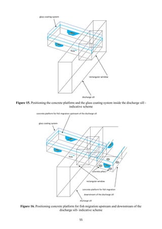 55
Figure 15. Positioning the concrete platform and the glass coating system inside the discharge sill -
indicative scheme
Figure 16. Positioning concrete platform for fish migration upstream and downstream of the
discharge sill- indicative scheme
glass coating system
rectangular window
discharge sill
flow
concrete platform for fish migration upstream of the discharge sill
glass coating system
concrete pillars
rectangular window
discharge sill
concrete platform for fish migration
downstream of the discharge sill
flow
 
