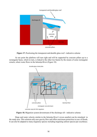 56
Figure 17. Positioning the transparent and durable glass roof - indicative scheme
At one point the platform will turn right and will be supported by concrete pillars up to a
rectangular basin, which in turn, is linked to the other two basins by the means of some rectangular
crenels, where water flows in the Ialomița River (Figure 18).
Figure 18. Migration system downstream of the discharge sill - indicative scheme
Slope and water velocity similar to the Ialomița River’s (even smaller) can be simulated in
the study area. This solution only uses gravity flow and offers maximum protection in case of floods.
It can also be adapted to many migratory species including migrating salmon species par excellence.
transparent and durable glass roof
concrete pillars
river bed
concrete
ramp
discharge sill
durable glass sheet piles
concrete pillars Ialomița River
rectangular concrete basin
concrete ramp for fish migration
 
