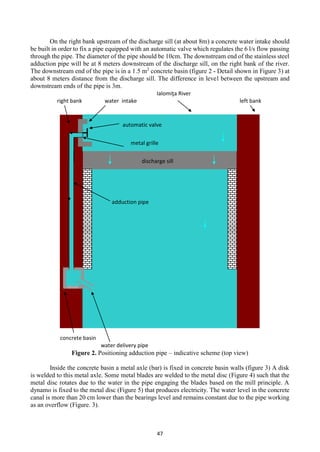 47
On the right bank upstream of the discharge sill (at about 8m) a concrete water intake should
be built in order to fix a pipe equipped with an automatic valve which regulates the 6 l/s flow passing
through the pipe. The diameter of the pipe should be 10cm. The downstream end of the stainless steel
adduction pipe will be at 8 meters downstream of the discharge sill, on the right bank of the river.
The downstream end of the pipe is in a 1.5 m2
concrete basin (figure 2 - Detail shown in Figure 3) at
about 8 meters distance from the discharge sill. The difference in level between the upstream and
downstream ends of the pipe is 3m.
Figure 2. Positioning adduction pipe – indicative scheme (top view)
Inside the concrete basin a metal axle (bar) is fixed in concrete basin walls (figure 3) A disk
is welded to this metal axle. Some metal blades are welded to the metal disc (Figure 4) such that the
metal disc rotates due to the water in the pipe engaging the blades based on the mill principle. A
dynamo is fixed to the metal disc (Figure 5) that produces electricity. The water level in the concrete
canal is more than 20 cm lower than the bearings level and remains constant due to the pipe working
as an overflow (Figure. 3).
Ialomiţa River
right bank water intake left bank
concrete basin
water delivery pipe
automatic valve
discharge sill
adduction pipe
metal grille
 