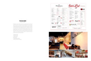 The Beltliner, named for the old streetcar that ran down 12th ave in the early part
of the last century, is a modern and casual interpretation of the classic diner.
There was a distinct vision and feel to the room, clean and crisp with very detailed
elements representing historic Calgary and the Route 5 of the Beltliner. They came
to us with a mission of having everything ready for their grand opening. They had
a logo already in hand, but nothing else already created was quite up to their
standards. Keeping with the diner vibe, we incorporated all the details into the
art direction focusing on the historical detailing. We created all print and digital
materials, in-store signage, window decals, website, and labels for their hand
crafted hot sauce and custom coffee blend.
| Strategic Planning
| Account Servicing
| Creative Services
| Media Services
| Digital Marketing Services
| Events, Sponsorship & Promotions
THE BELTLINER
July 2013 – Present
HEALTH NUTS
WARM STEEL CUT OATMEAL . . . . . . . . . . 7
Dried goji, raisins, toasted walnuts, seasonal fruit
HOUSE-MADE GRANOLA & YOGURT . . . 13
Rolled oats, almonds, pumpkin seed, sesame, pine nuts,
raisins, apricot, Greek yogurt & honey
FRUIT SALAD . . . . . . . . . . . . . . . . . . . . . . 7
Seasonal
TO START
WAKE & BAKE . . . . . . . . . . . . . . . . . . . . . . . . . 9
House made pastries with cultured butter and preserves.
(Add Schmaltz $2)
RICOTTA & HONEY . . . . . . . . . . . . . . . . . 13
Served with baguette
PRETZEL BITES . . . . . . . . . . . . . . . . . . . . . . . 7
With coddled egg and spicy mustard
FRIED PICKLES . . . . . . . . . . . . . . . . . . . . . 10
Gherkins, cornichons, aioli trio
MOLDED YOLKS & CAVIAR . . . . . . . . . . . . . 11
Canadian sturgeon caviar, caraway crackers, Maldon
GRIDDLE
CLASSIC BUTTERMILK WAFFLES . . . . . . . . 9
NUTELLA & CHANTILLY CREAM WAFFLES 10
PB & J PANCAKES . . . . . . . . . . . . . . . . . . . 10
Pistachio butter and fig jam
CRÈME BRÛLÉE FRENCH TOAST . . . . . . . 10
BAKED CHOCOLATE MILK
FRENCH TOAST . . . . . . . . . . . . . . . . . . . . . . 11
(served with choice of fries, green salad, tomato soup or
chicken noodle soup)
Special
BLUE PLATE
An ever changing daily feature, ask your server for details.
EGGS
CLASSIC 2 x 2 x 2 . . . . . . . . . . . . . . . . . . . . . 9
2 eggs, 2 bacon (or sausage), 2 toast
FRITTATA . . . . . . . . . . . . . . . . . . . . . . . . . . 13
Kale, chorizo, red pepper
BREAKFAST SANDWICH . . . . . . . . . . . . . . . . 10
Pork belly bacon, smoked meat, fried egg, American cheese,
lettuce, butter pickles, tomato
STEAK & EGGS . . . . . . . . . . . . . . . . . . . . . . 18
8 oz Rib eye, 3 eggs, hash browns, toast
BENEDICTS
>> SMOKED PICKEREL . . . . . . . . . . . . . . . . . . . 12
Red onion, cream cheese & caperberries
>> MUSHROOM . . . . . . . . . . . . . . . . . . . . . . . 10
Charred leeks, truffle hollandaise & Grana Padano
>> SPICY SALAMI . . . . . . . . . . . . . . . . . . . . . . . 11
Caramelized onions & banana peppers  
ALL DISHES ARE >>>>>>>>>>>>>
CHOCOLATE CHIP PANCAKES
BACON & EGGS & TOAST
CEREAL
Choice of Fruitloops / Rice Crispies / Frosted Flakes
MAC N CHEESE
BUTTERMILK WAFFLE WITH STRAWBERRIES
Kids
GLUTEN FREE . VEGETARIAN
These items can be prepared gluten free, please request
specifically from your server.
SEASONAL BERRIES
TOAST
HANDCUT FRIES               
BACON  
HASH BROWNS                  
2 EGGS (Any style)          
CHORIZO  
KOLBASA
MERGUEZ
ODDS & ENDS
APPLE PIE
SASKATOON BERRY PIE
BANANA CREAM PIE
LEMON MERINGUE
PIE OF THE MONTH
(Add a scoop of Fiasco Vanilla Bean Gelato $2)
PIE! PIE! PIE!
HOUSE SPECIALS
THE BIG SALAD . . . . . . . . . . . . . . . . . . . . 13
Butter leaf lettuce, blanched carrots, fresh snap peas,
shaved radish, heirloom tomatoes, goat cheese, black
sesame, roasted tomato dressing, fried egg
BELTLINER BURGER . . . . . . . . . . . . . . . . . . 14
Ground chuck, potato bun, roasted shallot dijon,
pickled red onion, American cheddar, lettuce, tomato, fried egg  
HANGTOWN FRY . . . . . . . . . . . . . . . . . . . . . 18
Soft scrambled eggs, crisp bacon, deep fried oysters,
arugula, crème fraîche, caviar
MERGUEZ N EGGS . . . . . . . . . . . . . . . . . 14
Stewed tomatoes, onions & peppers, preserved lemons,
merguez sausage and 2 soft poached eggs
PORK BELLY BOWL . . . . . . . . . . . . . . . . . . . . 15
Bok choy, mirin, brocolini, ginger, anise, chili oil, sake,
fried egg, steamed rice
FRIED CHICKEN & WAFFLES . . . . . . . . . . . . 19
Crispy thighs, buttermilk waffles, white gravy
LUNCH (AFTER 11AM)
VEGGIE BURGER . . . . . . . . . . . . . . . . . . . 13
Black bean patty, lettuce, tomato, aioli
EGG SALAD SANDWICH . . . . . . . . . . . . . . . . 12
Celery, onion, radish, dijon, pickle juice
REUBEN . . . . . . . . . . . . . . . . . . . . . . . . . . . . . 14
Montreal style cured & smoked meat, Swiss cheese,
Russian dressing
GRILLED CHEESE . . . . . . . . . . . . . . . . . . 13
Provolone, aged cheddar, jalapeño cheddar,
cheese curds, red onion  
TUNA MELT . . . . . . . . . . . . . . . . . . . . . . . . . 16
Albacore rillette, lemon preserve, capers,
American cheese, chives
SOUPS & SALADS
TOMATO SOUP . . . . . . . . . . . . . . . . . . . . . 6
Roasted and stewed Romas, basil oil
CHICKEN NOODLE SOUP . . . . . . . . . . . . . . . . 6
Fusilli, carrot, fried chicken skin
KALE SALAD . . . . . . . . . . . . . . . . . . . . . . . . 13
Pea shoots, maple dressing, waffle croutons
BEET SALAD . . . . . . . . . . . . . . . . . . . . . . . . 12
Tri coloured beets, pecans, dill, goat cheese,
sour cream panna cotta
From Granite Country Quebec, a syrup that endeavours to
carry on the maple sugaring traditions of familal ancestors.
Harvested and boiled entirely from a single patch of
pristine Appalachian forest, St. Leon is a salute to family
and countrymen, the stewards of the mountains and the
chamberlains of the woods.
St. Leon
MAPLE SYRUP
OUR SYRUP GAME IS STRONG....
/////////////////////////////////////////////////////////////////////////////////////////////////
OPEN7:30–10PMDAILY
$
4
$
5
$
7
Cicerone Bill Bonar has curated a fun, funky and highly
poundable list of craft and small batch brews entirely from
Western Canada. Enjoy!
R O OT B E E R
O N TA P
$
3
CLASSIC FOX’S U-BET EGG CREAM . . 3
JIC JAC SODA . . . . . . . . . . . . . . . . . 3
black cherry / lemon lime / blue raspberry / grape
MEXICAN COKE . . . . . . . . . . . . . . . . 3
RISE KOMBUCHA . . . . . . . . . . . . . . 3
mint / hibiscus / ginger
FRESH SQUEEZED OJ . . . . . . . . . . . 4
VEGGIE SMOOTHIE . . . . . . . . . . . . . 5
Kale, apple, cucumber, ginger, pineapple, yogurt
FRUIT SMOOTHIE . . . . . . . . . . . . . . 5
Strawberries, blueberries, banana,
pomegranate, yogurt
Root Beer Floats
GRIZZLY PAW SMALL BATCH DRAFT
ROOT BEER & VANILLA BEAN GELATO
$
5
An old time, classic batch, available every Saturday & Sunday
Eau Claire Vodka, spices, Serrano, pepperoni
THE cure for your hangover.
BOTTLES & CANS
DRAFT
LIGHTER
GREAT WESTERN PILSNER . . . . . . . . . . . . . . 5
Saskatoon, SK (355ml )
WILD ROSE ELECTRIC AVENUE LAGER . . . 6
Calgary, AB (341ml )
PADDOCK WOOD CZECH MATE PILSNER . 6
Saskatoon, SK (355ml )
MT. BEGBIE HIGH COUNTRY KOLSCH . . . . 6
Revelstoke, BC (355ml )
HOWE SOUND LAGER . . . . . . . . . . . . . . . . . 6
Squamish, BC (355ml )
DEAD FROG VIENNA LAGER . . . . . . . . . . . . 6
Aldergrove, BC (341ml )
TOOL SHED PEOPLE SKILS CREAM ALE . . 6
Calgary, AB (355ml )
FRUITIER
WILD ROSE WRASPBERRY. . . . . . . . . . . . . . 6
Calgary, AB (341ml )
ALLEY KAT MAIN SQUEEZE GRAPEFRUIT . . 7
Edmonton AB (341ml )
YUKON DEADMAN CREEK
CRANBERRY WHEAT . . . . . . . . . . . . . . . . . . . $
Whitehorse, YT (341ml )
DARKER
BIG ROCK TRADITIONAL . . . . . . . . . . . . . . 6
Calgary, AB (330ml )
PADDOCK WOOD LONDON PORTER . . . . . 6
Saskatoon, SK (355ml )
VILLAGE BLACKSMITH . . . . . . . . . . . . . . . . 6
Calgary, AB (355ml )
PADDOCK WOOD BETE
NOIR OATMEAL STOUT. . . . . . . . . . . . . . . . . . 6
Saskatoon, SK (355ml )
TOOL SHED RED RAGE . . . . . . . . . . . . . . . . . 7
Calgary, AB (355ml )
HOPPIER
PHILLIPS BOTTLE ROCKET ISA . . . . . . . . . 6
Victoria, BC (355ml )
RUSSEL BLOOD ALLEY BITTER . . . . . . . . . . 6
Vancouver, BC (341ml )
PHILLIPS HOP CIRCLE IPA . . . . . . . . . . . . . 6
Victoria, BC (341ml )
CENTRAL CITY RED RACER IPA . . . . . . . . . 6
Surrey, BC (355ml )
WILD ROSE IPA . . . . . . . . . . . . . . . . . . . . . . . . 7
Calgary, AB (341ml )
LAST BEST SHOW PONY . . . . . . . . . . . . . . . 6
Calgary, AB (500ml )
ROUTE 5 DRIP . . . . . . . . . . . . . . . . . 250
AMERICANO. . . . . . . . . . . . . . . . . . . 325
AMERICANO MISTO. . . . . . . . . . . . . 375
CHAI LATTE . . . . . . . . . . . . . . . . . . . 375
CAPPUCCINO/LATTE . . . . . . . . . . . . . 4
VANILLA LATTE . . . . . . . . . . . . . . . . 425
MOCHA. . . . . . . . . . . . . . . . . . . . . . . 425
LOOSE LEAF TEA . . . . . . . . . . . . . . . 325
mint / green / black / red rooibos
HOT CHOCOLATE . . . . . . . . . . . . . . 375
*SOY OPTION 50¢
*ALL COFFEE DRINKS 2 SHOTS
D RIN K S
COFFEELAND
House Made
GREEN TOMATILLO
BLOODY MARY
BRUNCH
Punch
Beer List
BELTLINER
/////////////////////////////////////////////////////////////////////////////////////////////////
EXECUTIVE CHEF SHAWN GREENWOOD | SOUS CHEF PASCAL LEROY
THEBELTLINER | WWW.BELTLINER.COM
$
9
$
6
 