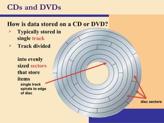 CDs and DVDs How is data stored on a CD or DVD? Typically stored in single   track Track divided  into evenly  sized   sectors   that store  items single track spirals to edge of disc disc sectors 