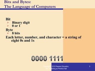 Bits and Bytes:  The Language of Computers Bit Binary digit 0 or 1 Byte 8 bits Each letter, number, and character = a string of eight 0s and 1s Copyright © 2010 Pearson Education, Inc. Publishing as Prentice Hall 