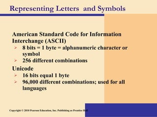 Representing Letters  and Symbols American Standard Code for Information Interchange (ASCII) 8 bits = 1 byte = alphanumeric character or symbol 256 different combinations Unicode 16 bits equal 1 byte 96,000 different combinations; used for all languages Copyright © 2010 Pearson Education, Inc. Publishing as Prentice Hall 