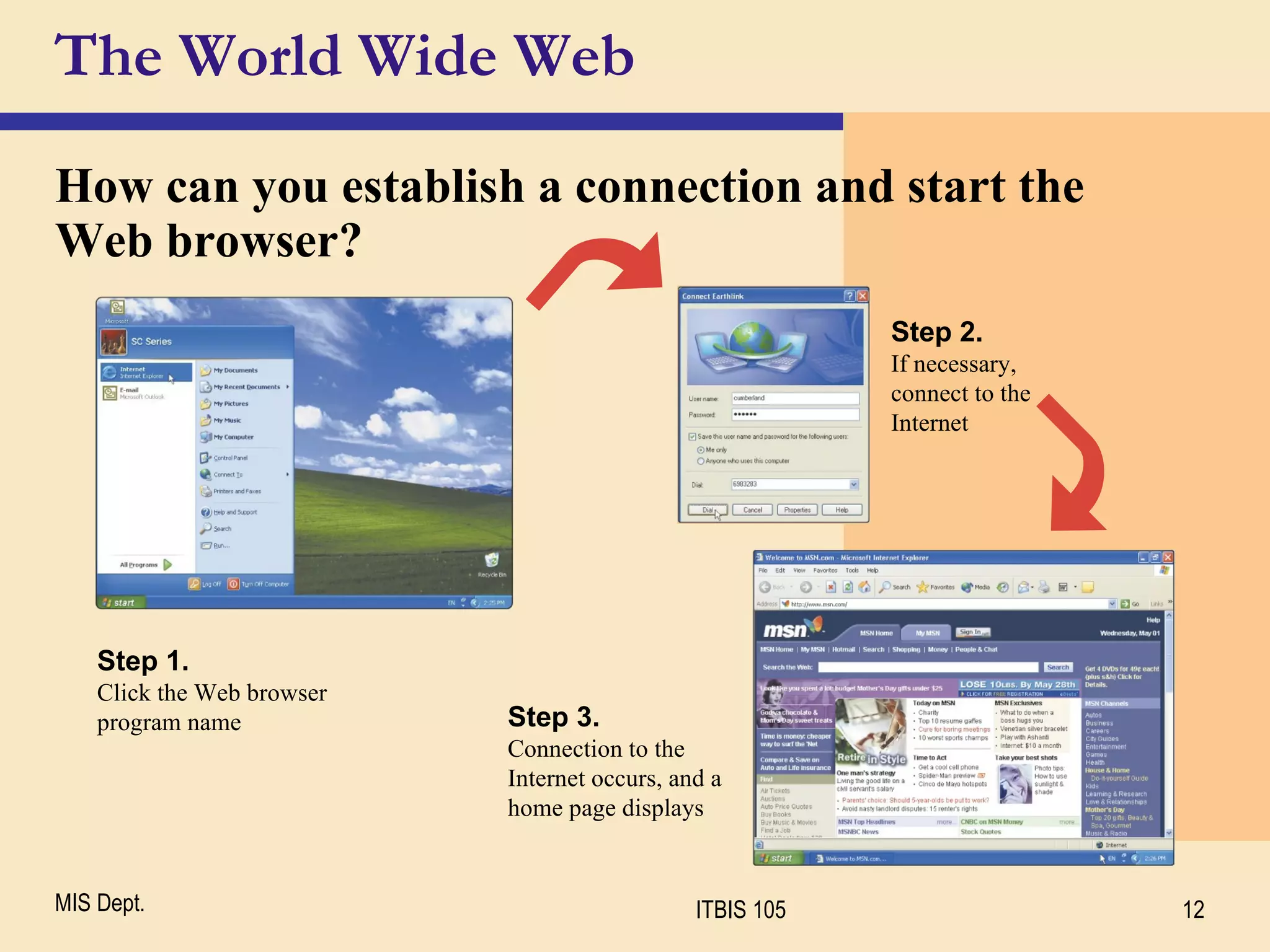 The World Wide Web How can you establish a connection and start the Web browser? Step 2. If necessary, connect to the Internet Step 3. Connection to the Internet occurs, and a home page displays Step 1. Click the Web browser program name 