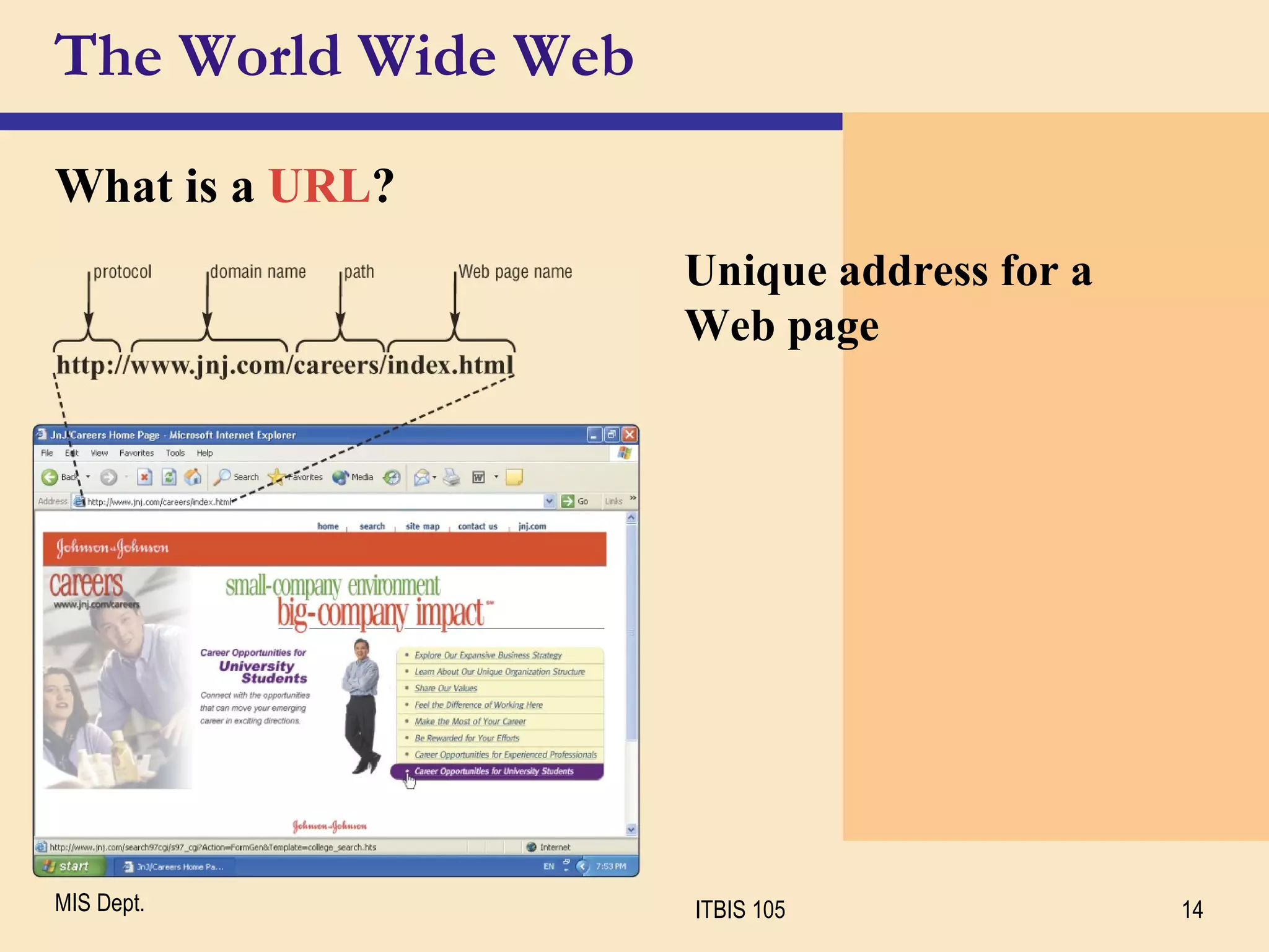 The World Wide Web What is a  URL ? Unique address for a  Web page 
