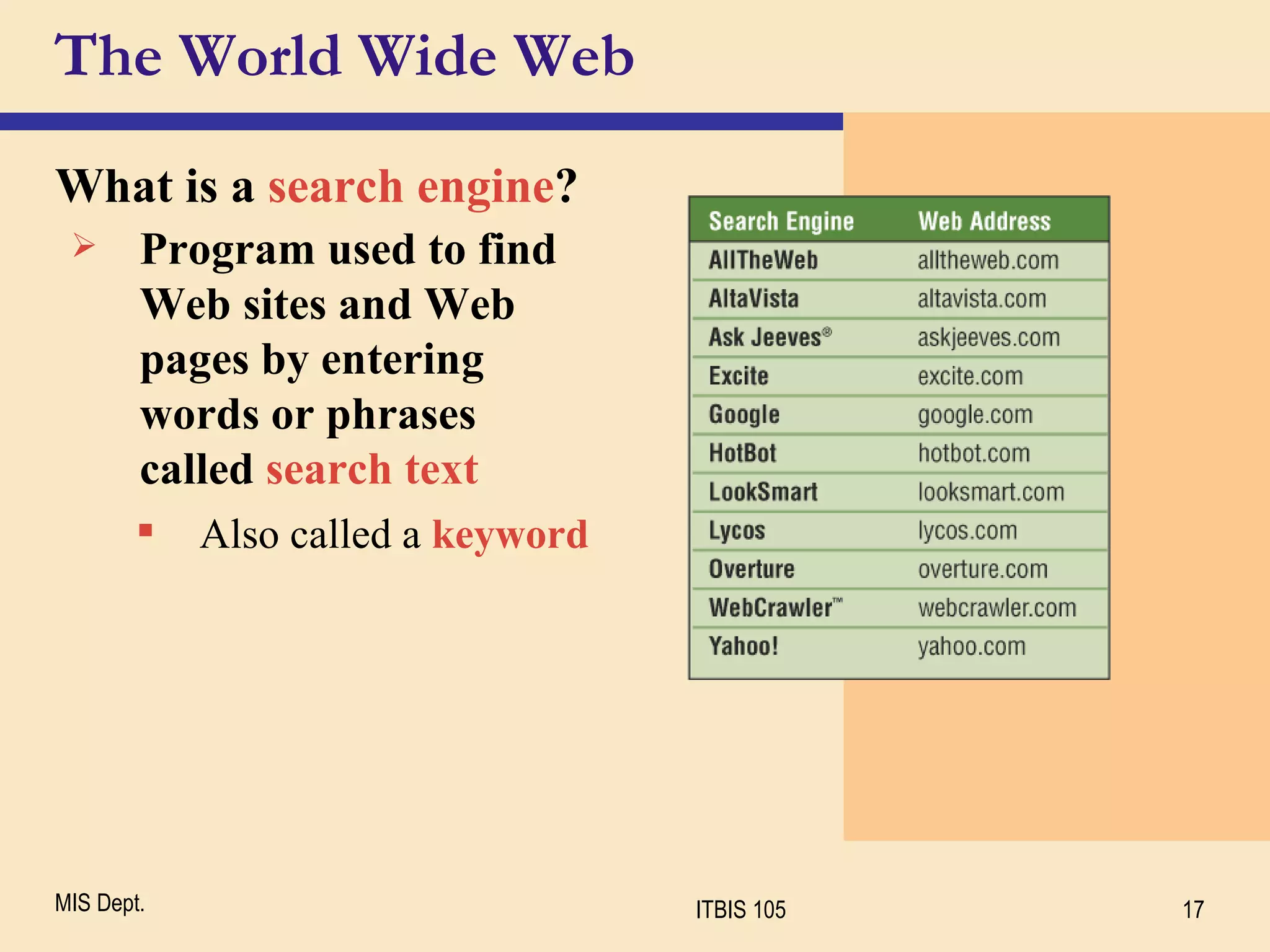The World Wide Web What is a  search engine ? Program used to find  Web sites and Web pages by entering  words or phrases  called  search text Also called a  keyword 