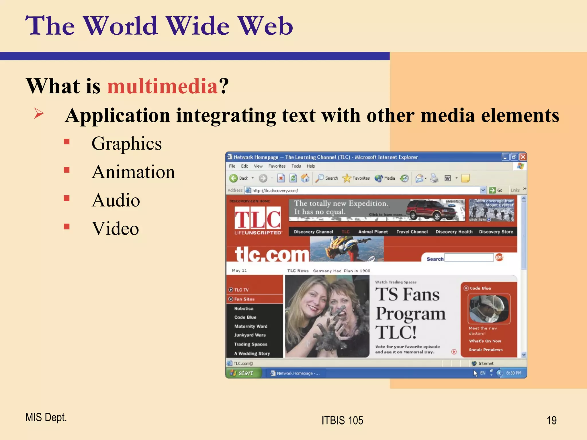 The World Wide Web What is  multimedia ? Application integrating text with other media elements Graphics Animation Audio Video 