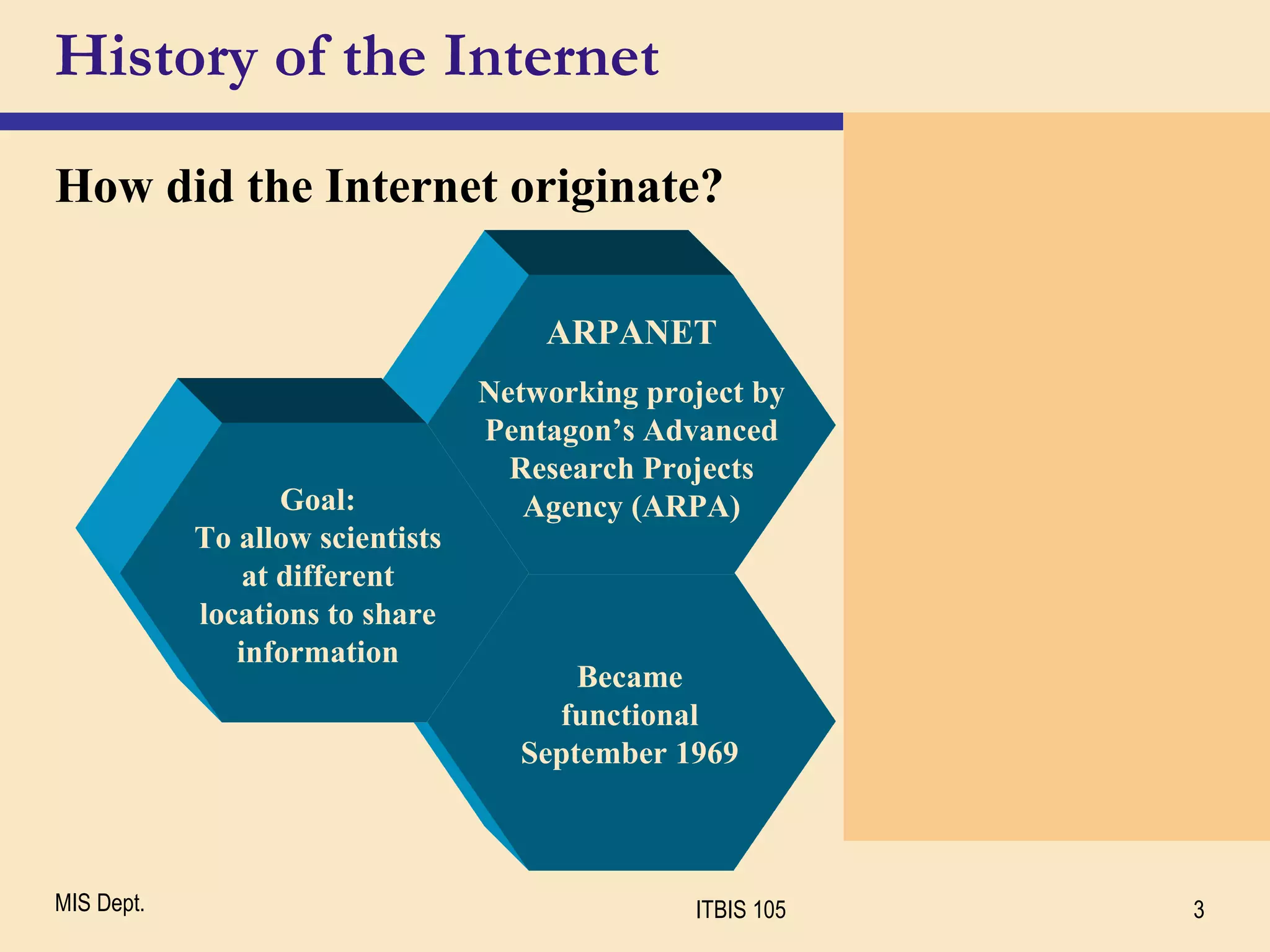 History of the Internet How did the Internet originate? Became functional September 1969 ARPANET Networking project by Pentagon’s Advanced Research Projects Agency (ARPA) Goal: To allow scientists at different locations to share information 