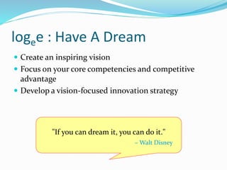 logee : Have A Dream
 Create an inspiring vision
 Focus on your core competencies and competitive
advantage
 Develop a vision-focused innovation strategy
"If you can dream it, you can do it."
– Walt Disney
 
