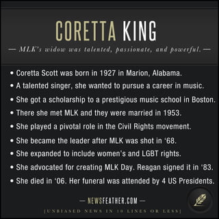 • Coretta Scott was born in 1927 in Marion, Alabama.
• A talented singer, she wanted to pursue a career in music.
• She got a scholarship to a prestigious music school in Boston.
• There she met MLK and they were married in 1953.
• She played a pivotal role in the Civil Rights movement.
• She became the leader after MLK was shot in ‘68.
• She expanded to include women’s and LGBT rights.
NEWSFEATHER.COM
[ U N B I A S E D N E W S I N 1 0 L I N E S O R L E S S ]
MLK’s widow was talented, passionate, and powerful.
CORETTA KING
• She advocated for creating MLK Day. Reagan signed it in ‘83.
• She died in ‘06. Her funeral was attended by 4 US Presidents.
 