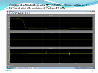 
 Operation of 52 Wind mills by using MATLAB/SIMULINK under voltage swell
 Top /first 26 Wind Mills simulation-IG,Wind speed, P in Mw

11/12/2013

31

 