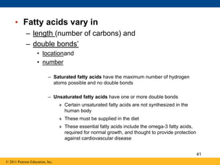• Fatty acids vary in
– length (number of carbons) and
– double bonds’
• locationand
• number
– Saturated fatty acids have the maximum number of hydrogen
atoms possible and no double bonds
– Unsaturated fatty acids have one or more double bonds
» Certain unsaturated fatty acids are not synthesized in the
human body
» These must be supplied in the diet
» These essential fatty acids include the omega-3 fatty acids,
required for normal growth, and thought to provide protection
against cardiovascular disease
© 2011 Pearson Education, Inc.
41
 