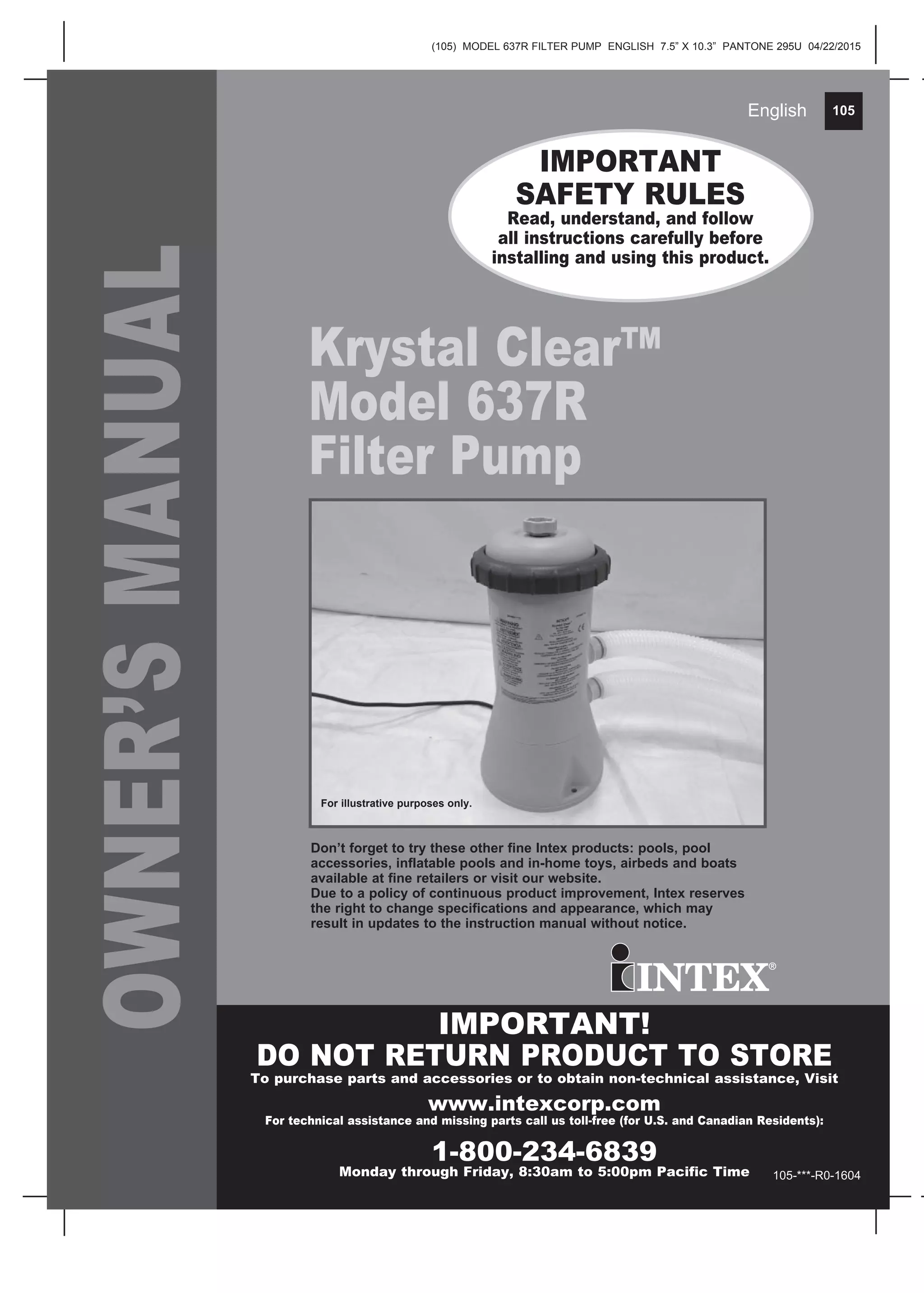 Crystal Clear pool pump model 637R Manual PDF
