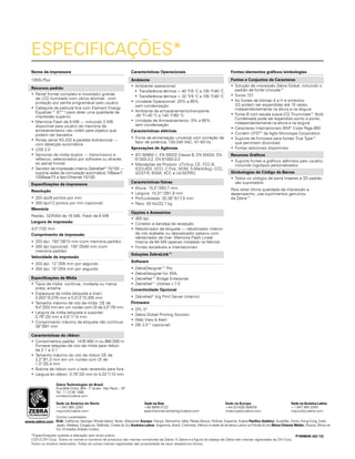 *Especificações sujeitas a alteração sem aviso prévio.
©2013 ZIH Corp. Todos os nomes e números de produtos são marcas comerciais da Zebra. A Zebra e a figura da cabeça de Zebra são marcas registradas da ZIH Corp.
Todos os direitos reservados. Todas as outras marcas registradas são propriedade de seus respectivos donos.
P1058645 (02/13)
Especificações*
Nome da impressora
105SLPlus
Recursos padrão
•	Painel frontal completo e mostrador grande
de LCD iluminado com vários idiomas - com
proteção por senha programável pelo usuário
•	Cabeçote de película fina com Element Energy
Equalizer™ (E3
™) para obter uma qualidade de
impressão superior.
•	Memória Flash de 8 MB — incluindo 2 MB
disponível para usuário de memória de
armazenamento não volátil para objetos que
podem ser baixados
•	Portas serial RS-232 e paralela bidirecional —
com detecção automática
•	USB 2.0
•	Sensores de mídia duplos — transmissivo e
reflexivo, selecionados por software ou através
do painel frontal
•	 Servidor de Impressão Interno ZebraNet®
10/100 —
suporta redes de comutação automática 10Base-T,
100Base-TX e fast Ethernet 10/100.
Especificações da impressora
Resolução
•	203 dpi/8 pontos por mm
•	300 dpi/12 pontos por mm (opcional)
Memória
Padrão: SDRAM de 16 MB; Flash de 8 MB
Largura de impressão
4,0”/102 mm
Comprimento de impressão
•	203 dpi: 150”/3810 mm (com memória padrão)
•	300 dpi (opcional): 100”/2540 mm (com
memória padrão)
Velocidade de impressão
•	203 dpi: 12”/305 mm por segundo
•	300 dpi: 10”/254 mm por segundo
Especificações de Mídia
•	Tipos de mídia: contínua, moldada ou marca
preta, entalhe
•	Espessura da mídia (etiqueta e liner)
0,003”/0,076 mm a 0,012”/0,305 mm
•	 Tamanho máximo de rolo de mídia: DE de
8,0”/203 mm em um núcleo com DI de 3,0”/76 mm
•	Largura da mídia (etiqueta e suporte):
0,79”/20 mm a 4,5”/114 mm
•	Comprimento máximo de etiqueta não contínua:
39”/991 mm
Características do ribbon
•	 Comprimentos padrão: 1476’/450 m ou 984’/300 m
Fornece relações de rolo de mídia para ribbon
de 2:1 e 3:1
•	Tamanho máximo do rolo de ribbon DE de
3,2”/81,3 mm em um núcleo com DI de
1,0”/25,4 mm
•	Bobina de ribbon com o lado revestido para fora
•	 Largura do ribbon: 0,79”/20 mm to 4,33”/110 mm
Características Operacionais
Ambiente
•	Ambiente operacional:
•	 Transferência térmica = 40 °F/5 °C a 105 °F/40 °C
•	 Transferência térmica = 32 °F/5 °C a 105 °F/40 °C
•	Umidade Operacional: 20% a 85%
sem condensação
•	Ambiente de armazenamento/transporte
-40 °F/-40 °C a 140 °F/60 °C
•	Umidade de Armazenamento: 5% a 85%
sem condensação
Características elétricas
•	Fonte de alimentação universal com correção de
fator de potência, 100-240 VAC, 47–63 Hz
Aprovações de Agências
•	IEC 60950-1, EN 55022 Classe B, EN 55024, EN
61000-3-2, EN 61000-3-3
•	Marcações de Produto: cTUVus, CE, FCC-B,
ICES-003, VCCI, C-Tick, NOM, S-Mark(Arg), CCC,
GOST-R, BSMI, KCC e UkrSEPRO
Características físicas
•	Altura: 15,5”/393,7 mm
•	Largura: 10,31”/261,9 mm
•	Profundidade: 20,38”/517,5 mm
•	Peso: 50 lbs/22,7 kg
Opções e Acessórios
•	300 dpi
•	Cortador e bandeja de recepção
•	Rebobinador de etiqueta — rebobinador interno
de rolo acabado ou descascador passivo com
rebobinador de liner. Memória Flash Linear
Interna de 64 MB (apenas instalada na fábrica)
•	Fontes escaláveis e internacionais
Soluções ZebraLink™
Software
•	ZebraDesigner™ Pro
•	ZebraDesigner for XML
•	ZebraNet™ Bridge Enterprise
•	ZebraNet™ Utilities v 7.0
Conectividade Opcional
•	ZebraNet®
b/g Print Server (interno)
Firmware
•	ZPL II®
•	Zebra Global Printing Solution
•	Web View & Alert
•	ZBI 2.0™ (opcional)
Fontes/elementos gráficos/simbologias
Fontes e Conjuntos de Caracteres
•	Solução de impressão Zebra Global, incluindo o
padrão de fonte Unicode™
•	Swiss 721
•	As fontes de bitmap A a H e símbolos
GS podem ser expandidas até 10 vezes,
independentemente na altura e na largura
•	 Fonte Ø com escala suave (CG Triumvirate™ Bold
Condensed) pode ser expandido ponto a ponto,
independentemente na altura e na largura
•	Caracteres Internacionais IBM®
Code Page 850
•	Contém UFST®
da Agfa Monotype Corporation
•	Suporte de firmware para fontes True Type™
que permitem download
•	Fontes adicionais disponíveis
Recursos Gráficos
•	Suporta fontes e gráficos definidos pelo usuário,
incluindo logotipos personalizados
Simbologias de Código de Barras
•	Todos os códigos de barra lineares e 2D padrão
são suportados
Para obter ótima qualidade de impressão e
desempenho, use suprimentos genuínos
da Zebra™.
Zebra Technologies do Brasil
Rua Bela Cintra, 904 - 7º andar - São Paulo – SP
Tel: 11 3138 1466
contato@zebra.com
Sede na América do Norte
+1 847 955 2283
inquiry4@zebra.com
Sede na Ásia
+65 6858 0722
apacchannelmarketing@zebra.com
Sede na Europa
+44 (0)1628 556000
mseurope@zebra.com
Sede na América Latina
+1 847 955 2283
inquiry4@zebra.com
Outras Localidades
EUA: Califórnia, Georgia, Rhode Island, Texas, Wisconsin Europa: França, Alemanha, Itália, Países Baixos, Polônia, Espanha, Suécia Pacífico Asiático: Austrália, China, Hong Kong, Índia,
Japão, Malásia, Cingapura, Tailândia, Coreia do Sul América Latina: Argentina, Brasil, Colômbia, México e sede da América Latina na Flórida (EUA) África/Oriente Médio: Rússia, África do
Sul, Emirados Árabes Unidos
www.zebra.com
 