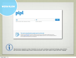 WORKFLOW




                      “Pipl returned an impressive number of results for my own name, including my personal h...