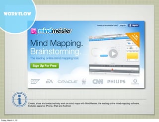WORKFLOW




                      Create, share and collaboratively work on mind maps with MindMeister, the leading onlin...