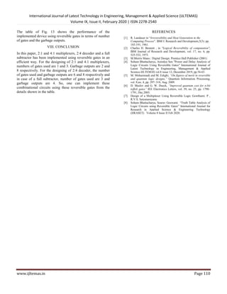 International Journal of Latest Technology in Engineering, Management & Applied Science (IJLTEMAS)
Volume IX, Issue II, February 2020 | ISSN 2278-2540
www.ijltemas.in Page 110
The table of Fig. 13 shows the performance of the
implemented device using reversible gates in terms of number
of gates and the garbage outputs.
VIII. CONCLUSION
In this paper, 2:1 and 4:1 multiplexers, 2:4 decoder and a full
subtractor has been implemented using reversible gates in an
efficient way. For the designing of 2:1 and 4:1 multiplexers,
numbers of gates used are 1 and 3. Garbage outputs are 2 and
8 respectively. For the designing of 2:4 decoder, the number
of gates used and garbage outputs are 6 and 8 respectively and
in case of a full subtractor, number of gates used are 3 and
garbage outputs are 4. So, one can implement these
combinational circuits using these reversible gates from the
details shown in the table.
REFERENCES
[1] R. Landauer in “Irreversibility and Heat Generation in the
Computing Process”. IBM J. Research and Development,5(3): pp.
183-191, 1961.
[2] Charles H. Bennett , in "Logical Reversibility of computation",
IBM Journal of Research and Development, vol. 17, no. 6, pp.
525-532, 1973.
[3] M.Morris Mano.: Digital Design. Prentice Hall Publisher (2001)
[4] Soham Bhattacharya, Anindya Sen "Power and Delay Analysis of
Logic Circuits Using Reversible Gates" International Journal of
Latest Technology in Engineering, Management & Applied
Science-IJLTEMAS vol.8 issue 12, December 2019, pp.54-63.
[5] M. Mohammadi and M. Eshghi, “On figures of merit in reversible
and quantum logic designs,” Quantum Information Processing,
vol. 8,no. 4, pp. 297–318, Aug. 2009.
[6] D. Maslov and G. W. Dueck, “Improved quantum cost for n-bit
toffoli gates” IEE Electronics Letters, vol. 39, no. 25, pp. 1790–
1791, Dec.2003.
[7] Design of a Multiplexer Using Reversible Logic Gowthami. P ,
R.V.S. Satyanarayana.
[8] Soham Bhattacharya, Sourav Goswami “Truth Table Analysis of
Logic Circuits using Reversible Gates” International Journal for
Research in Applied Science & Engineering Technology
(IJRASET) Volume 8 Issue II Feb 2020.
 