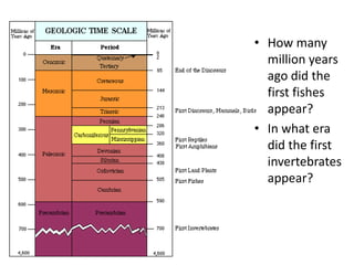 How many million years ago did the first fishes appear?In what era did the first invertebrates appear?