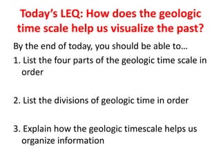 Today’s LEQ: How does the geologic time scale help us visualize the past?By the end of today, you should be able to…1. List the four parts of the geologic time scale in order2. List the divisions of geologic time in order3. Explain how the geologic timescale helps us organize information