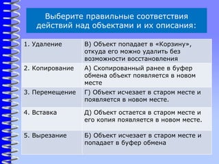 Выберите правильные соответствия
действий над объектами и их описания:
1. Удаление В) Объект попадает в «Корзину»,
откуда его можно удалить без
возможности восстановления
2. Копирование А) Скопированный ранее в буфер
обмена объект появляется в новом
месте
3. Перемещение Г) Объект исчезает в старом месте и
появляется в новом месте.
4. Вставка Д) Объект остается в старом месте и
его копия появляется в новом месте.
5. Вырезание Б) Объект исчезает в старом месте и
попадает в буфер обмена
 