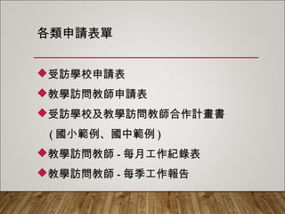 各類申請表單
受訪學校申請表
教學訪問教師申請表
受訪學校及教學訪問教師合作計畫書
(國小範例、國中範例)
教學訪問教師-每月工作紀錄表
教學訪問教師-每季工作報告
 