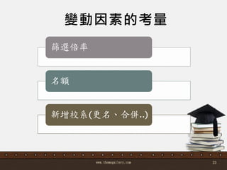 變動因素的考量
www.themegallery.com 23
篩選倍率
名額
新增校系(更名、合併..)
 