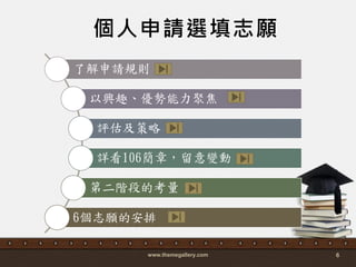 個人申請選填志願
www.themegallery.com 6
了解申請規則
以興趣、優勢能力聚焦
評估及策略
詳看106簡章，留意變動
第二階段的考量
6個志願的安排
 