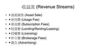 收益流 (Revenue Streams)
• ◾資產銷售 (Asset Sale)
• ◾使用費 (Usage Fee)
• ◾會員費 (Subscription Fees)
• ◾租賃費 (Lending/Renting/Leasing)
• ◾授權費 (Licensing)
• ◾仲介費 (Brokerage Fees)
• ◾廣告 (Advertising)
 