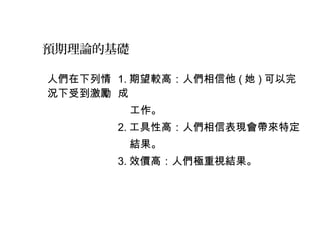 預期理論的基礎
人們在下列情
況下受到激勵
1. 期望較高：人們相信他 ( 她 ) 可以完
成
工作。
2. 工具性高：人們相信表現會帶來特定
結果。
3. 效價高：人們極重視結果。
 