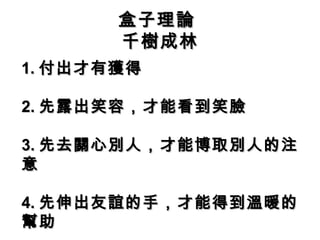 盒子理論盒子理論
千樹成林千樹成林
1.1. 付出才有獲得付出才有獲得
2.2. 先露出笑容，才能看到笑臉先露出笑容，才能看到笑臉
3.3. 先去關心別人，才能博取別人的注先去關心別人，才能博取別人的注
意意
4.4. 先伸出友誼的手，才能得到溫暖的先伸出友誼的手，才能得到溫暖的
幫助幫助
 