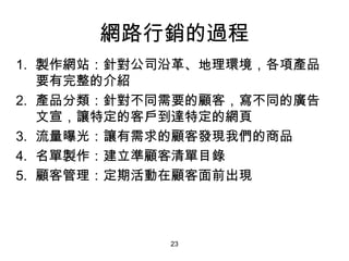 網路行銷的過程
1. 製作網站：針對公司沿革、地理環境，各項產品
要有完整的介紹
2. 產品分類：針對不同需要的顧客，寫不同的廣告
文宣，讓特定的客戶到達特定的網頁
3. 流量曝光：讓有需求的顧客發現我們的商品 
4. 名單製作：建立準顧客清單目錄
5. 顧客管理：定期活動在顧客面前出現
23
 