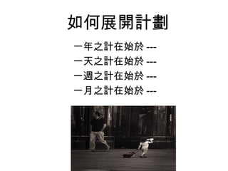 如何展開計劃
一年之計在始於 ---
一天之計在始於 ---
一週之計在始於 ---
一月之計在始於 ---
 